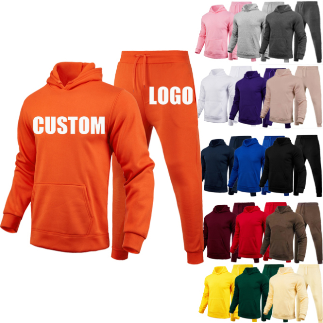 Factory sale fashion wear Custom Logo Made solid color Men's long Clothes Two-Piece Adult hoodie+pants Set Men's Clothing outfit