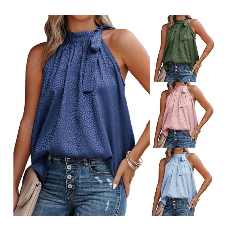 Conyson New Design Europeon Style Summer Halter Bowknot Leopard Print Sleeveless 10 Colors Loose Plain Satin waistcoat woman