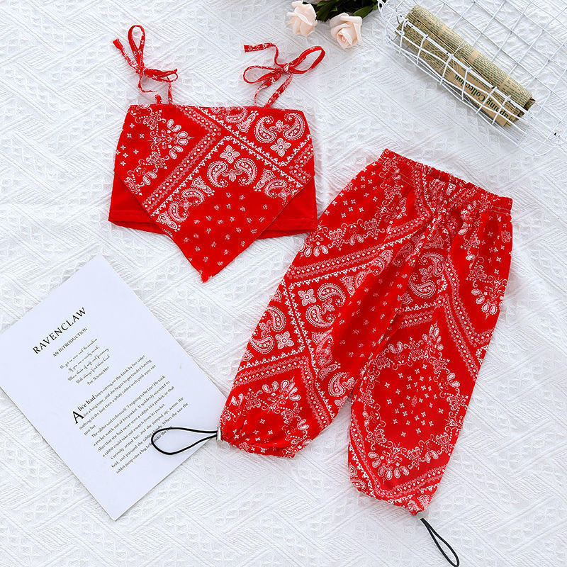 Conyson Wholesale Hot Fashion Kids Clothes Summer Sleeveless Off Shoulder Printed Halter Vest Tops Geometric Casual Pants Sets