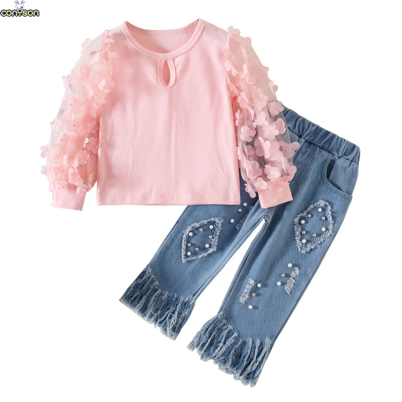 Conyson hot sale fall kids designers fashion boutique baby girls floral clothing suits denim pearl pants wholesale clothes sets