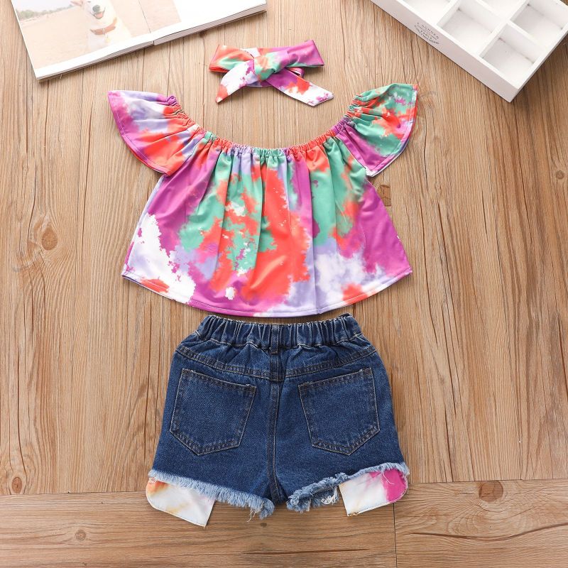 Conyson Wholesale Hot Sale Summer Kids Clothes Tie-dyed Print Fantasy Short Sleeve Pullover Denim Shorts Headband 3pcs Sets Kids