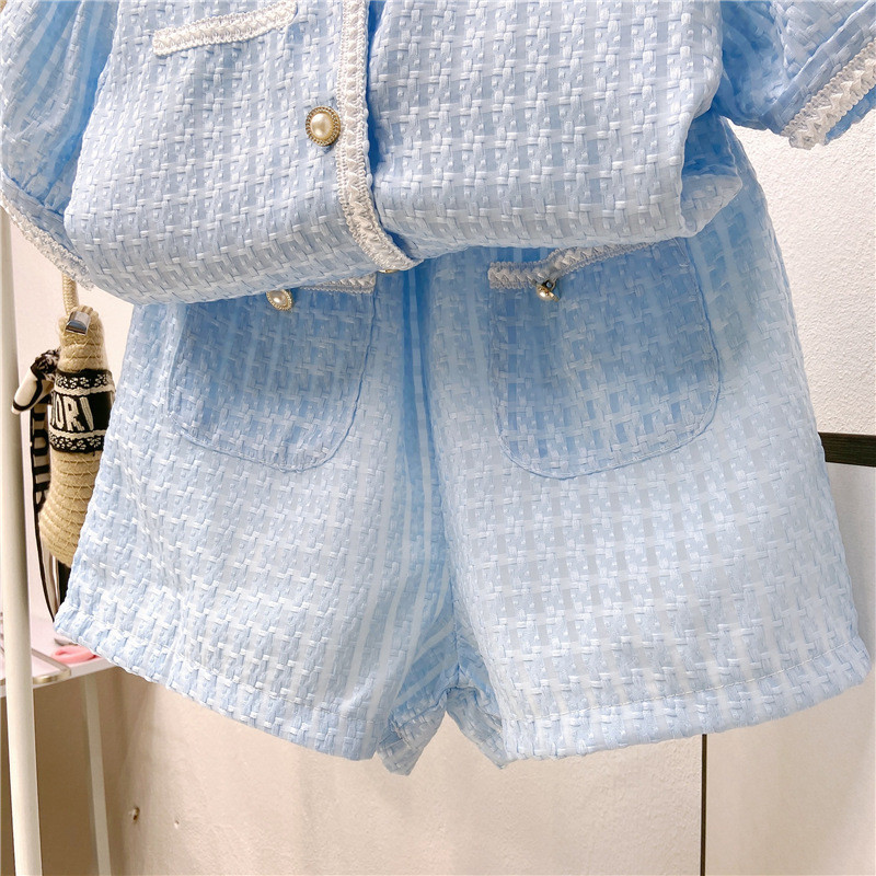 Conyson Hot Sale Toddler girl's suit new little girl fragrant style puff sleeve plaid top and skirt two-piece set