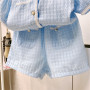 Conyson Hot Sale Toddler girl's suit new little girl fragrant style puff sleeve plaid top and skirt two-piece set