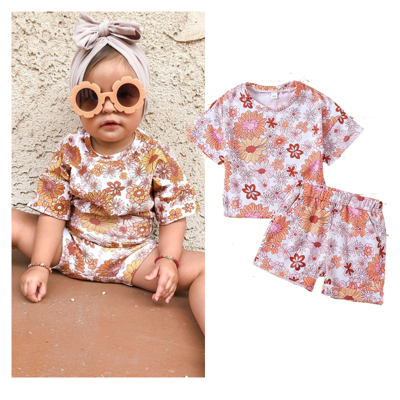 Conyson Summer 1-5Y Kids Girls Floral T-shirt Button Casual Outwear Shorts 2 Piece Printing Suit Children Girl Outfits Suits