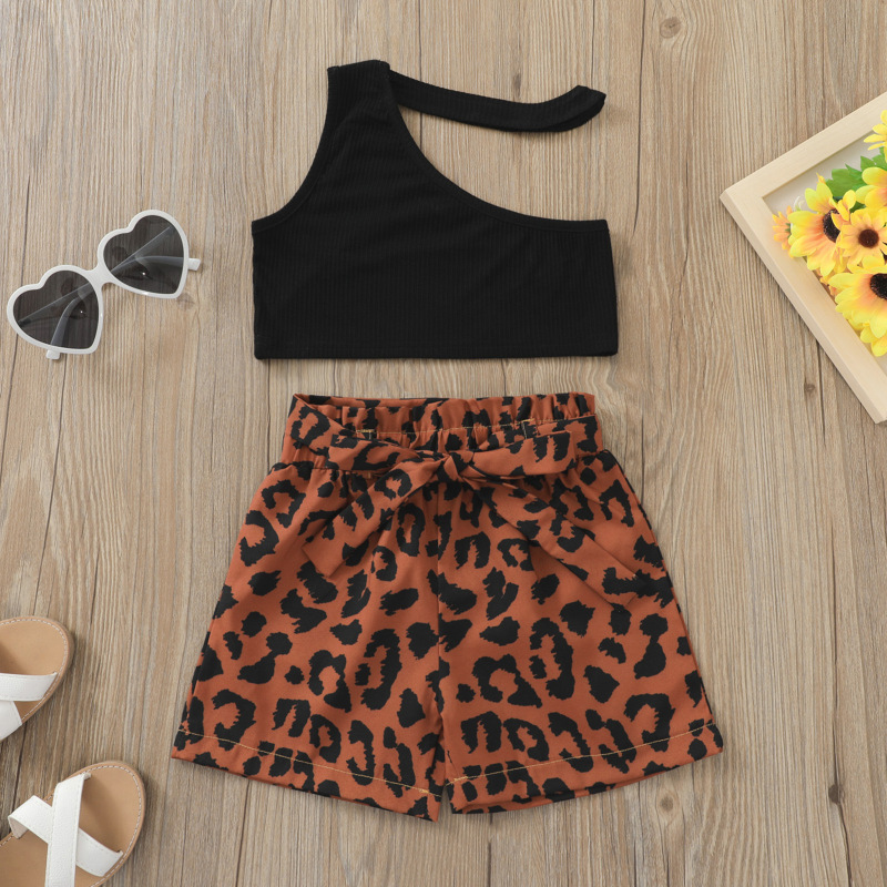 Conyson Baby Girls Summer Sleeveless Leisure Suits Ribbed Vest+Leopard Printed Shorts 2pcs One-shoulder Street Fashion Outfits