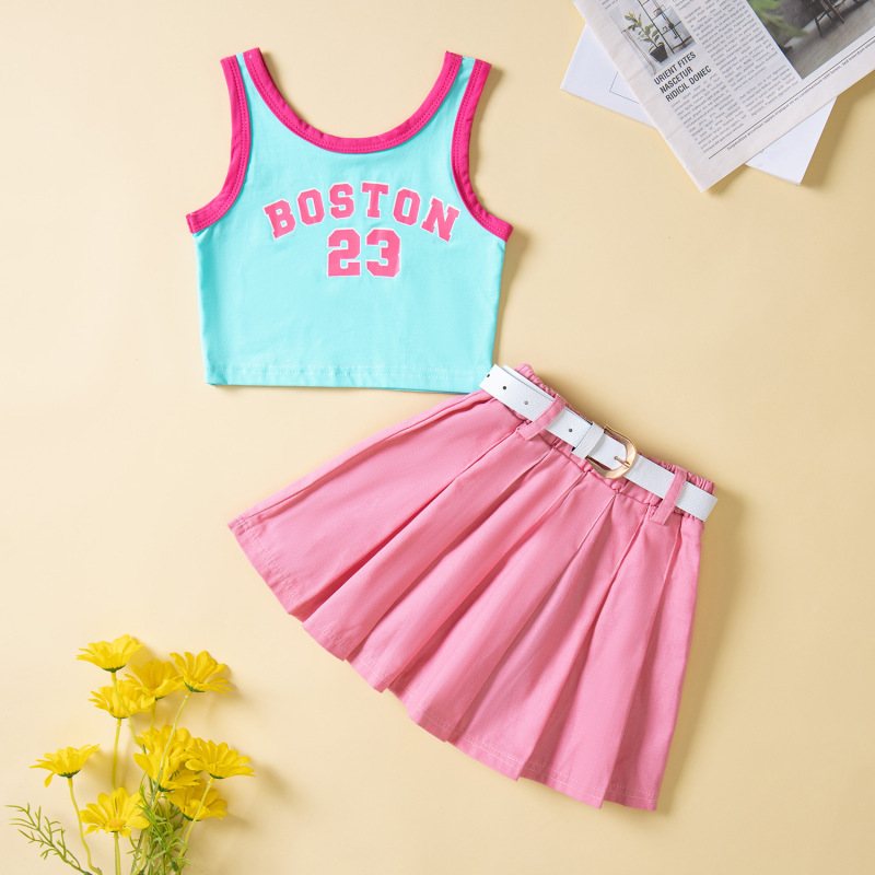 Conyson Wholesale Fashion Little Girls Kids Clothes Sets 2pcs Letter Patchwork Sleeveless Causal Vest+Solid Pleated Skirts+Belt