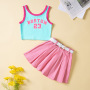 Conyson Wholesale Fashion Little Girls Kids Clothes Sets 2pcs Letter Patchwork Sleeveless Causal Vest+Solid Pleated Skirts+Belt