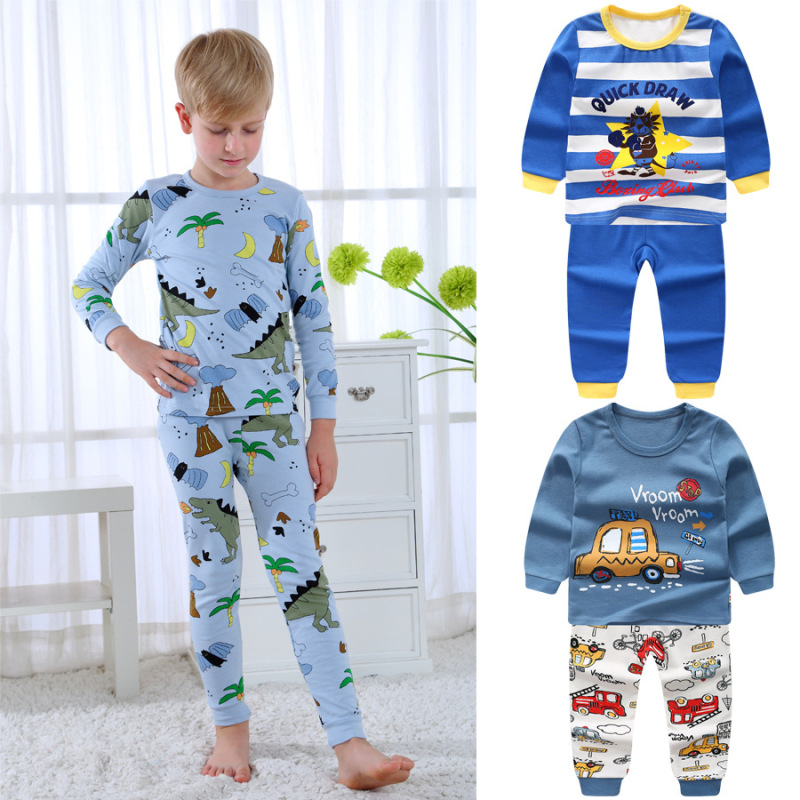 High Quality Cotton Knitted 2021 autumn winter Teen Boy's Sleepwear suits long sleeve print animal Cartoon kids Pajamas clothes