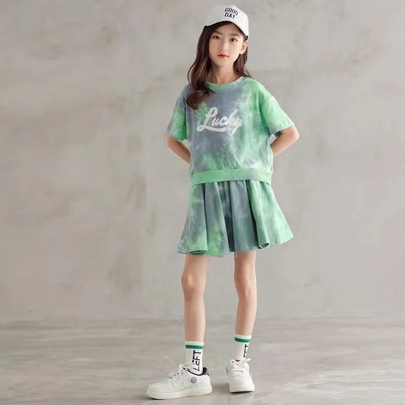 Conyson korea fashion teen kid Girl summer tie-dye t-shirt skirt cool clothes cotton casual children wear 2 pieces clothing sets