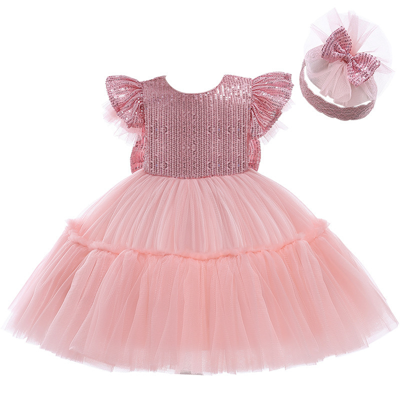 Conyson Wholesale Solid Flower Girl Sequined Princess Mesh Dress Christmas Party Wedding Tulle Tutu Girls Dresses