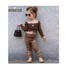 Conyson Wholesale Cotton Stationary New Children long sleeves Crop Top Outfit Square Collar Summer Boutique 2 pieces Girls Set