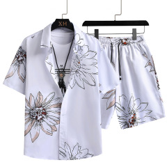 New 2023 Summer Jogger New Designer Short Hawaiian Print Tracksuit Large Size Beach Button Suit Quick-Dry Men Two Pieces Sets