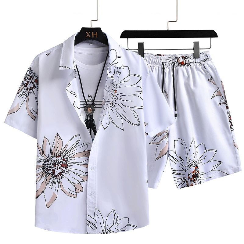 New 2023 Summer Jogger New Designer Short Hawaiian Print Tracksuit Large Size Beach Button Suit Quick-Dry Men Two Pieces Sets