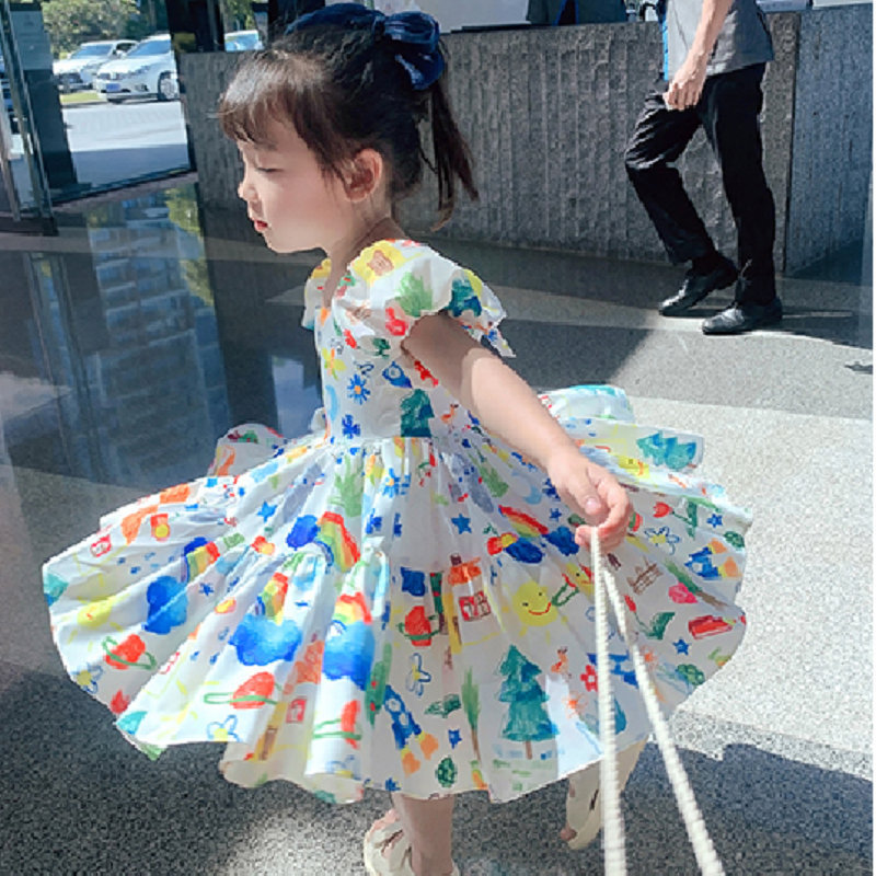 2021 summer new Korean style puff sleeve baby hot-selling children's wear Girls dress Little Kids Clothing