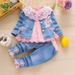 Elegant Baby Girls' Clothing Sets Children'S Suit Floral Lace 3 Pieces Jeans Cotton 3 Years Newborn Baby Girls Clothes Set
