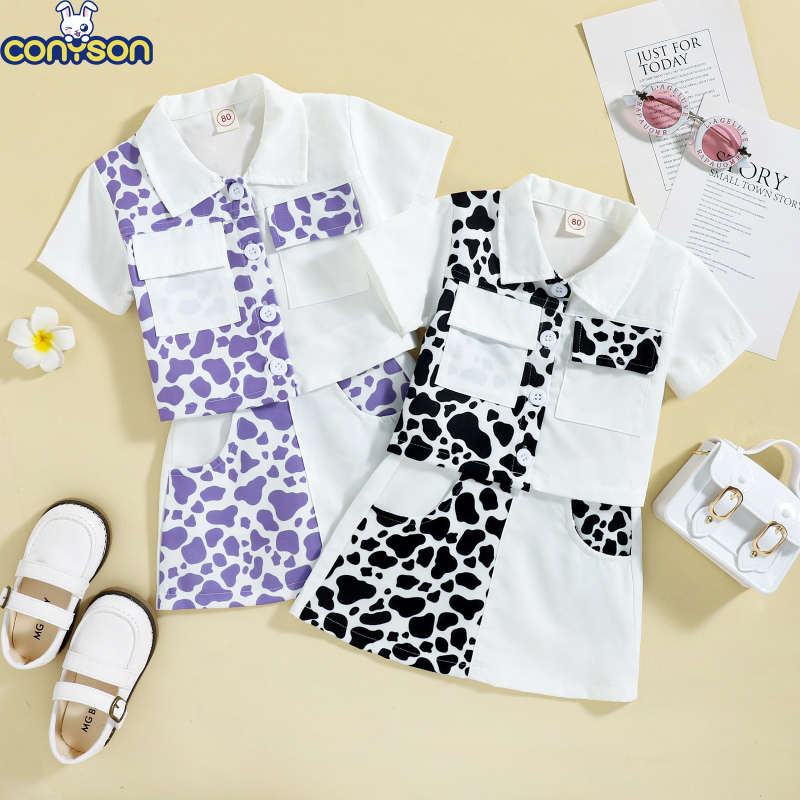 Conyson Summer Fashion Kids Girls Clothes Sets Crown Leopard Printed Single Breasted Shirts Tops+A-Line Skirts Children Suits