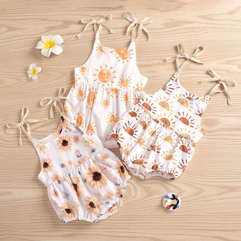 Wholesale Newborn Kid Summer Girls Rompers One Piece Sleeveless Belt Flowers Print Strap Jumpsuits baby rompers