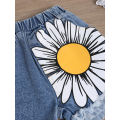 Conyson Wholesale Hot Sale Summer Newborn Fashion Children's Set 2-7Y High Elastic flower denim Shorts Girl 2 Pieces Shorts Set