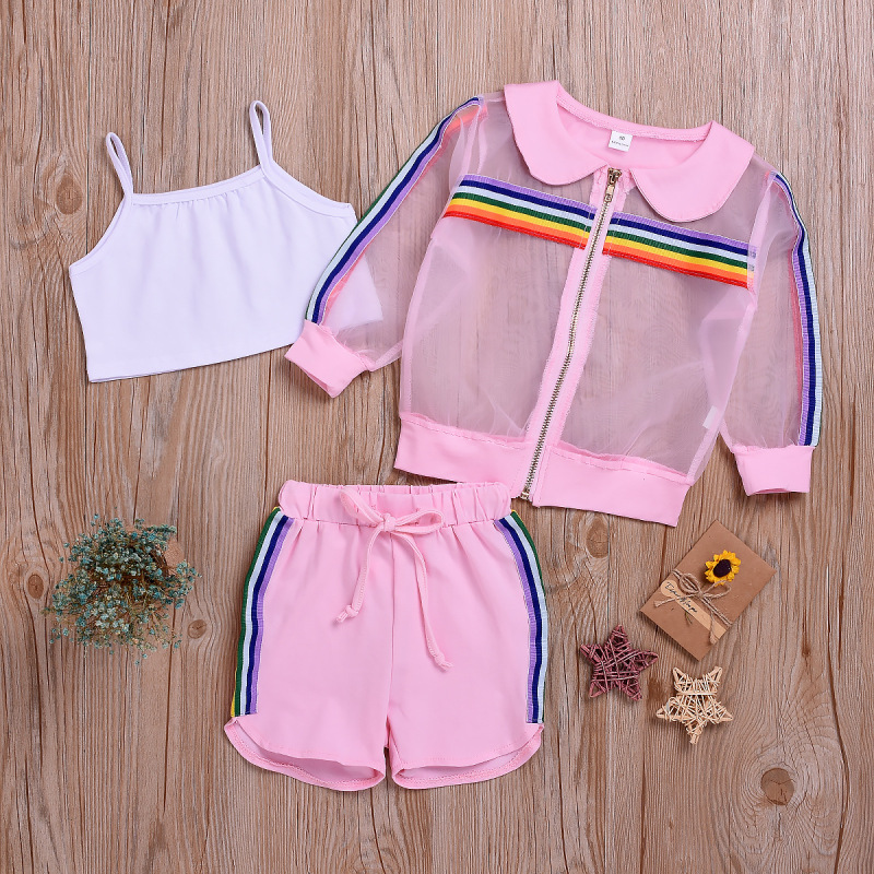 Conjunto de roupa infantil para menina, 3 peças: casaco transparente de organza arco-íris com mangas compridas + colete branco + shorts. Roupa esportiva infantil.