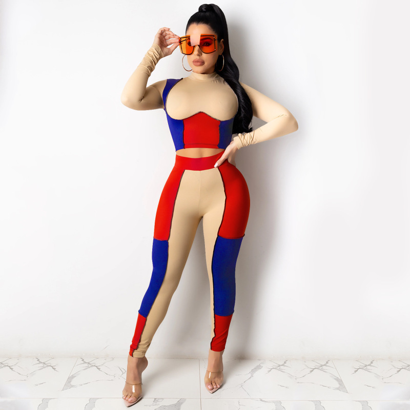 2022 Women Spliced Midriff Baring Top Sets Skinny Shirt Pencil Pants Two Piece Outfits Solid Color Sports Home Suit