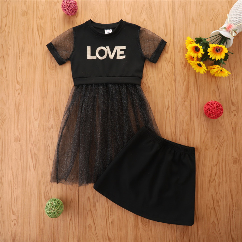 Conyson Wholesale Summer Casual Girl 2pcs Outfits Short Sleeves Mesh Black Letter Print Girls Star Sequins Tutu Dresses