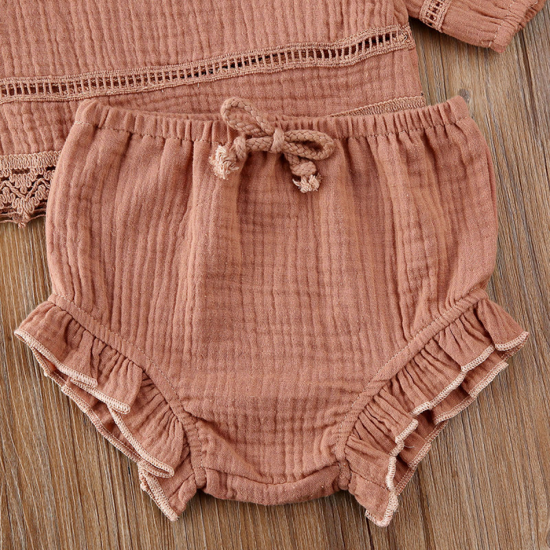 Conyson Newborn Infant Baby Girl Clothes Set Solid Long Sleeve Loose Lace Tops T-shirt Ruffle Shorts Pants Clothes Tracksuit Set
