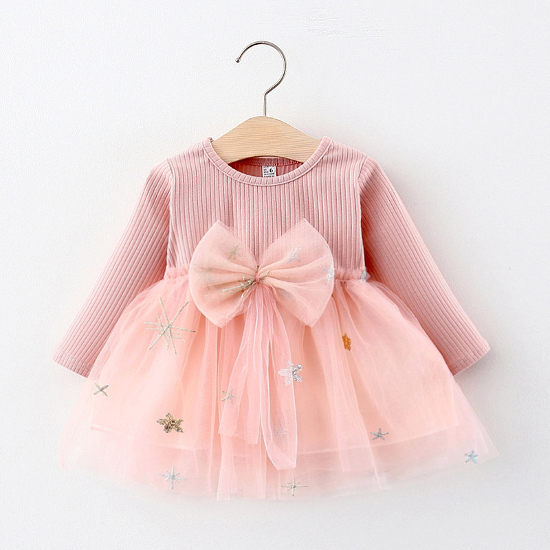 Long Sleeve Star Bow Dress Children Mesh Patchwork Baby Girl Princess Dress With Bowknot Solid Fashion Style Casual Dress
