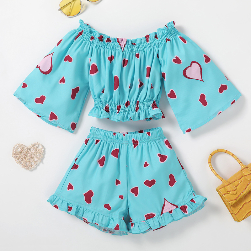 Conyson Summer Fashion Heart Print Shorts Clothes Suits Shoulder High Waist Top Shorts Flower 2pcs Littler Girl Outfits
