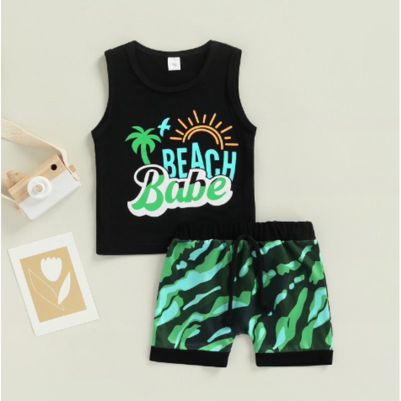 Conyson hot sale fashion summer Children's print sunshine cotton clothes infant kid short suit two-pieces vest boy clothing Sets