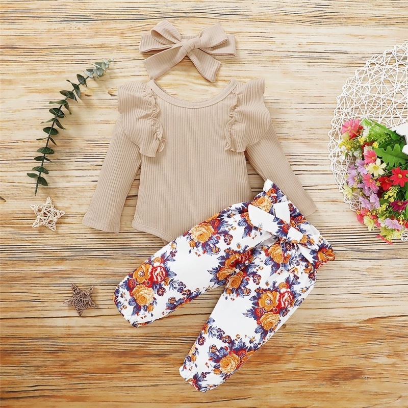 Latest Style Baby Autumn Print Cute Cotton 3pcs Outfits Infant Floral Printed Clothing Set Baby Romper Pants Clothes Set