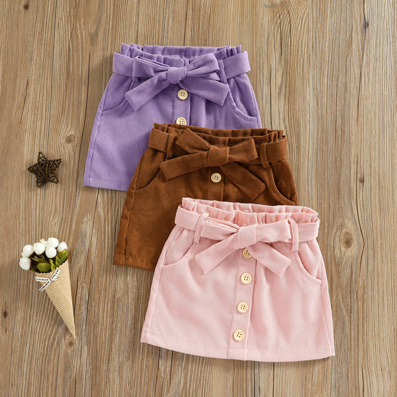 Conyson Wholesale Kids Clothes Spring Autumn Korean Velvet Button Belt bow Baby Girls Stripes Pocket Skirt Boutique Outfit Dress