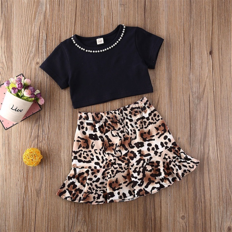 Conyson Wholesale Summer Fashion Short Sleeves Vest with Pearls+Vintage Leopard Printed Skirt 2Pcs Kids Baby Girls Clothing Sets