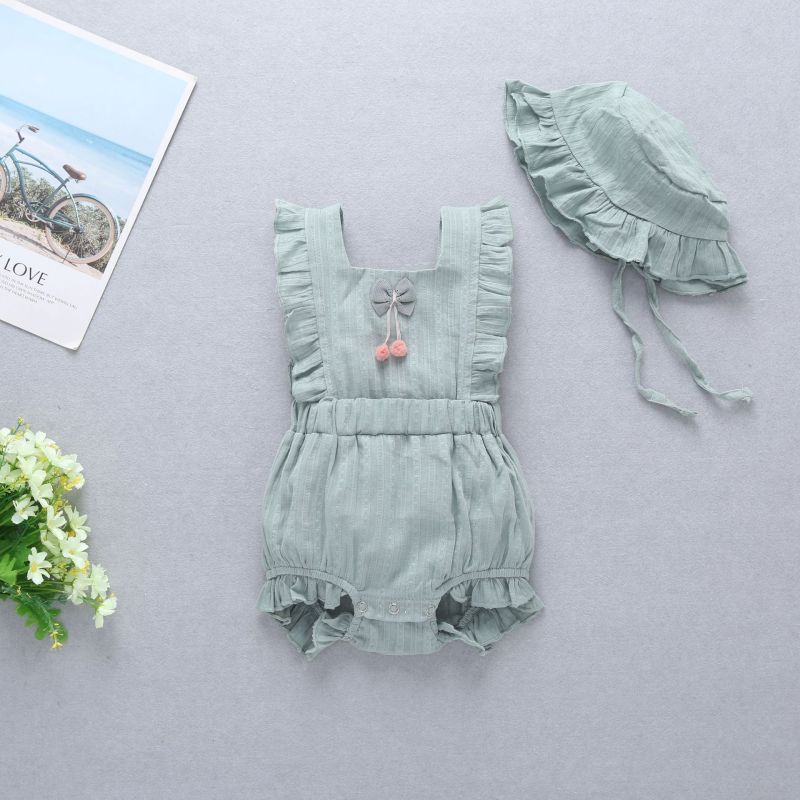 Conyson Summer Cute Baby Girls Romper 2pcs Ruffles Sleeveless Flowers Solid Jumpsuits With Hats Baby Kids Clothes Outfit Sets