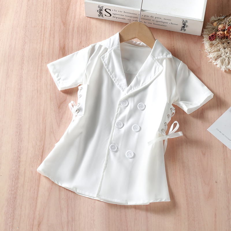 Conyson Summer Black White Jacket Solid Dress Short Sleeve Lapel Buttons Bandage Waist Blazer Baby Girls Clothes Dresses