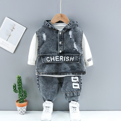 Conyson hot sale fashion autumn Boy kids boutique designers denim baby suit wholesale Clothing cotton hoodie 3-piece clothes set