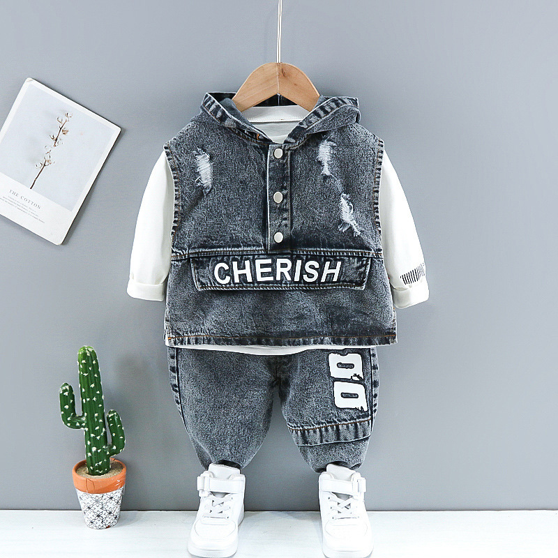 Conyson hot sale fashion autumn Boy kids boutique designers denim baby suit wholesale Clothing cotton hoodie 3-piece clothes set