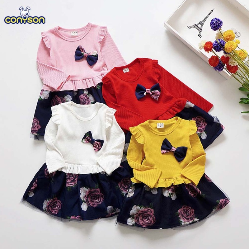 2021 New Girls Casual Little Floral Dresses Cute Bow Baby Girl Fall Clothes Girls Long Sleeve Dress