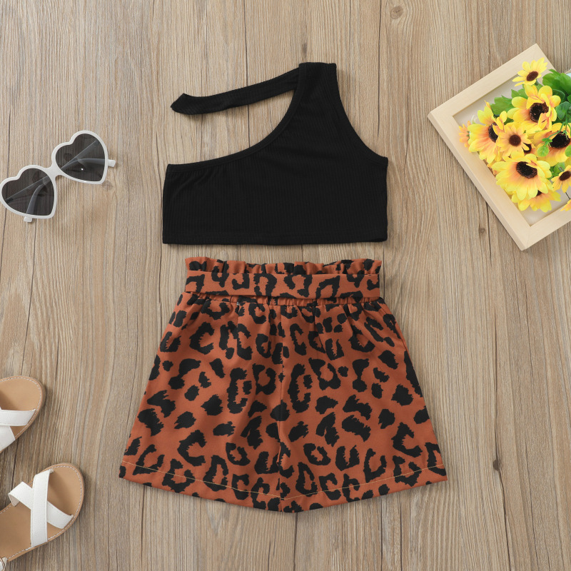 Conyson Baby Girls Summer Sleeveless Leisure Suits Ribbed Vest+Leopard Printed Shorts 2pcs One-shoulder Street Fashion Outfits