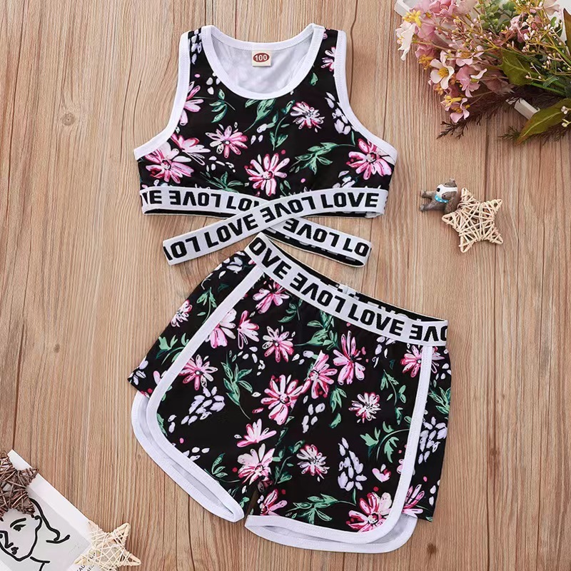 Conyson Summer Fashion Little Girls Tracksuits Flower Printing Sleeveless Vest Shorts 2pcs Sportswear Children Girls Outfits