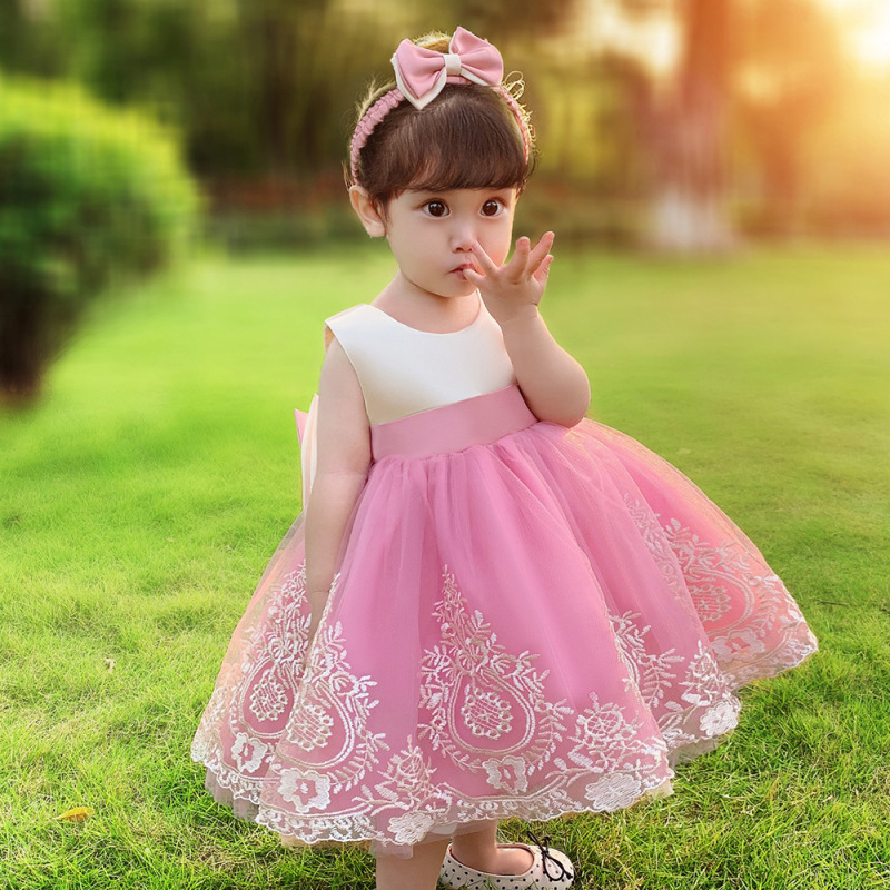 Wholesale Lace Bow Flower Girl Dress Party Wedding Birthday Kids Clothes Elegant Baby Girl Dress sleeveless frock