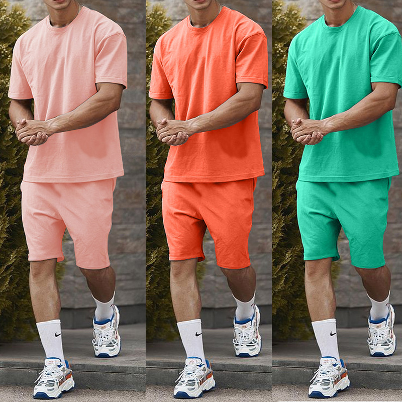 Outdoors plus size men's Custom logo made sport Clothes suit summer solid color man two piece clothing cotton t-shirt short Sets