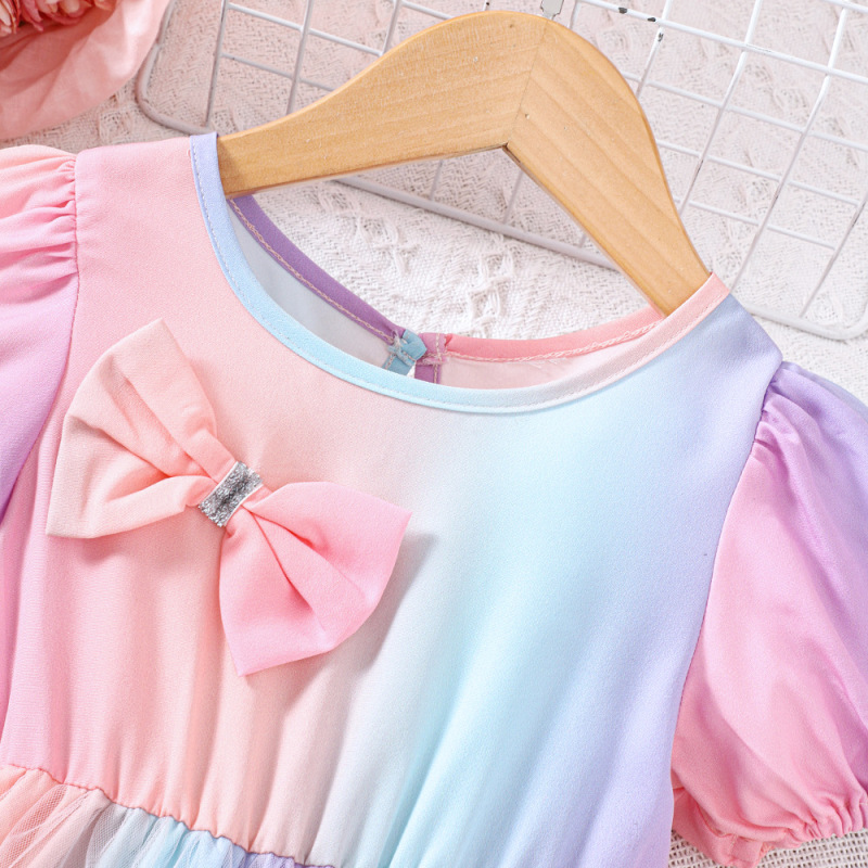 Conyson 2023 Summer Costume Casual Ruffle Bubble Sleeves Bow Flower Vintage Fairy Silk Tulle Kids Birthday Pageant Girl Dress