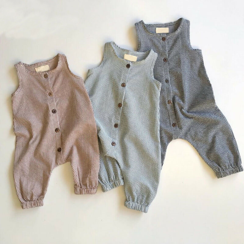 High Quality Covered Button Cotton Lattice Sleeveless Summer Plain Korean Newborn Baby Bodysuit Rompers