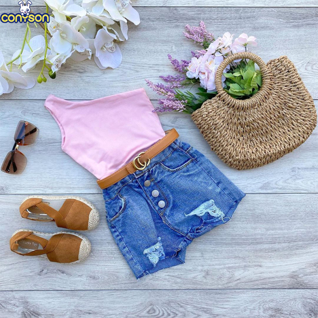 Conyson Wholesale Kids Girls Clothing Sets Summer New Western Style Baby Sleeveless Single Side Sling 2 Pcs Children Clothes Set