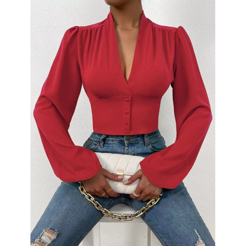 Conyson New Design Fall Spring Blouses ladies Urban Elegant Womens Puff Sleeve Blouses Ladys V Neck Tight Casual Tops Blouses