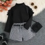 Conyson Hot Wholesale Autumn Winter Turtleneck Cratered Knitting Houndstooth Lattice 3-8 Yrs Baby Girl Shorts Two Pieces Set