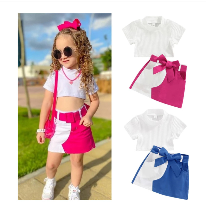 Conyson Fashion Little Girls Clothes Sets 2pcs Solid Short Sleeve Knit T Shirts+Color Matching High Waist Mini Skirt Kids Sets