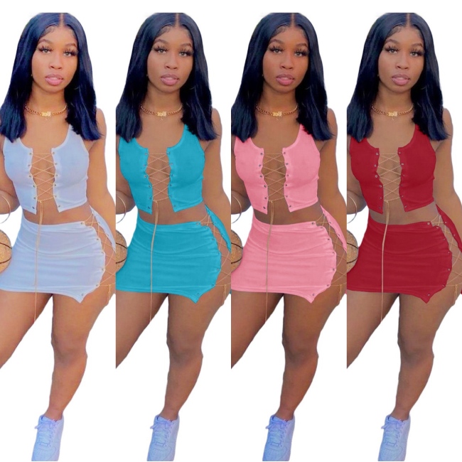 Women Vest Miniskirt Two Piece Summer Suit Solid Color Metal Chain Party Club Dress Casual Fashion Sets