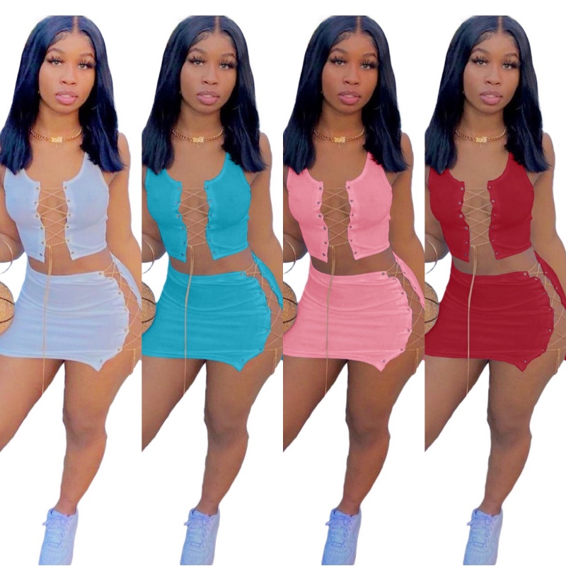 Women Vest Miniskirt Two Piece Summer Suit Solid Color Metal Chain Party Club Dress Casual Fashion Sets