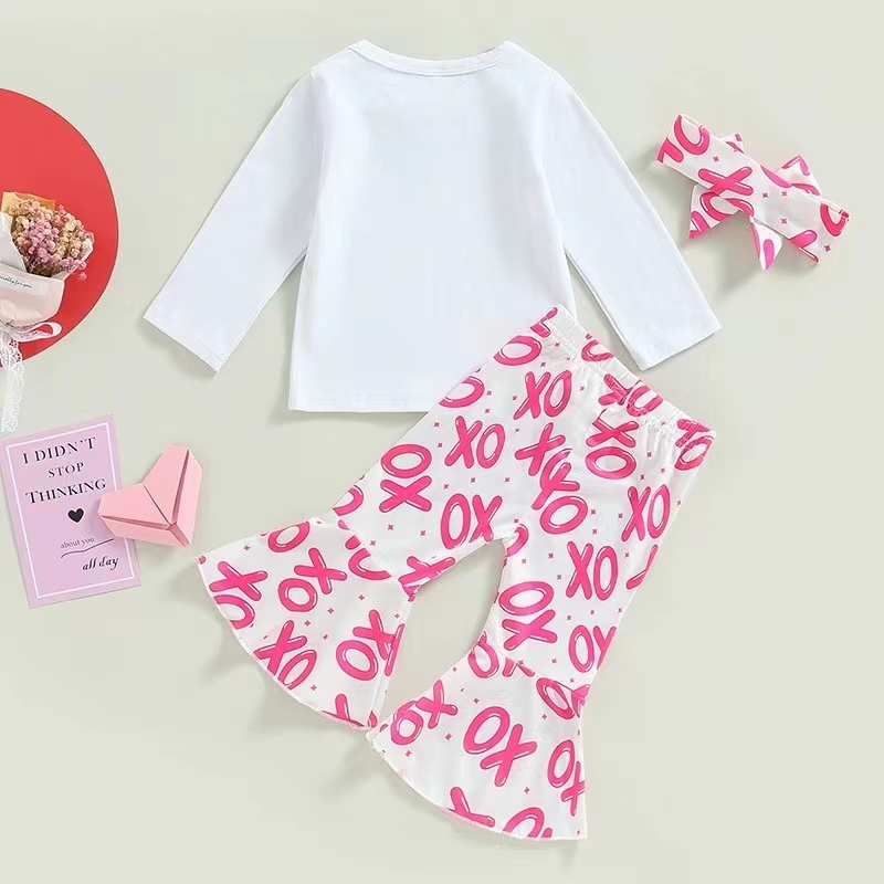 Conyson New Style Spring Autumn Long Sleeve Letter Printing With Headband Girls Kids Valentine's Day Two Piece Girl Clothes Set